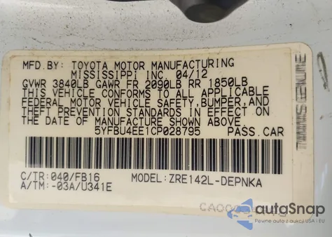 2012 Toyota Corolla Le из США, поврежденный, VIN 5YFBU4EE1CP028795